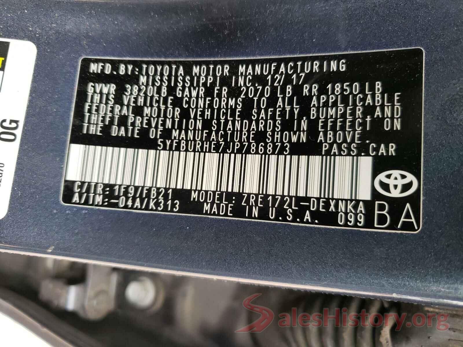 5YFBURHE7JP786873 2018 TOYOTA COROLLA