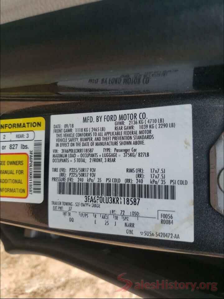 3FA6P0LU3KR118587 2019 FORD FUSION