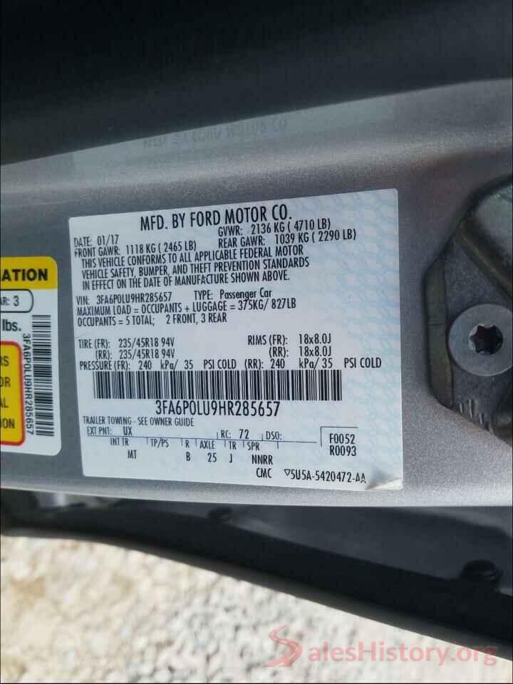 3FA6P0LU9HR285657 2017 FORD FUSION