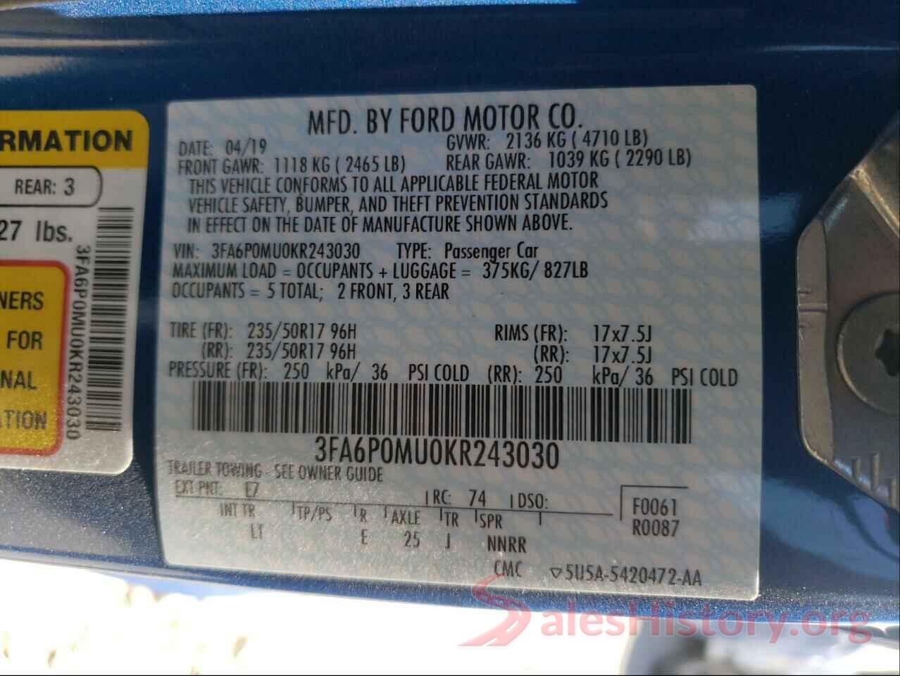 3FA6P0MU0KR243030 2019 FORD FUSION