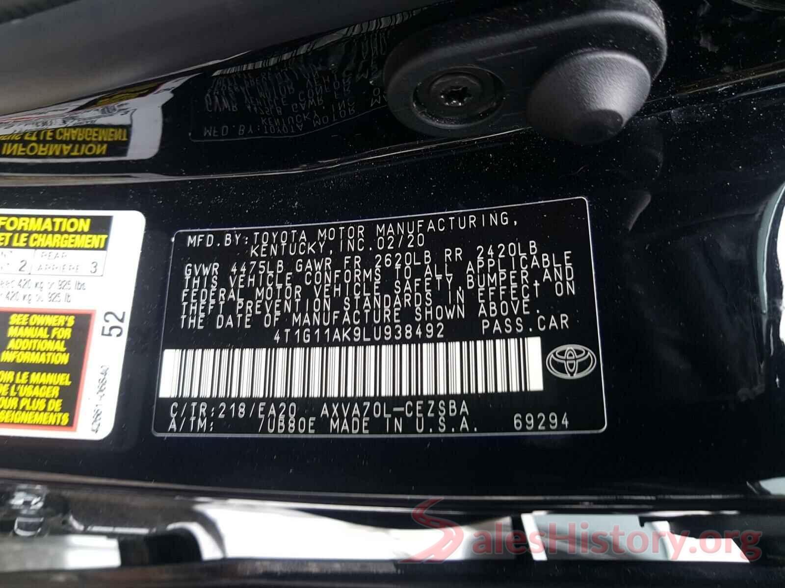 4T1G11AK9LU938492 2020 TOYOTA CAMRY