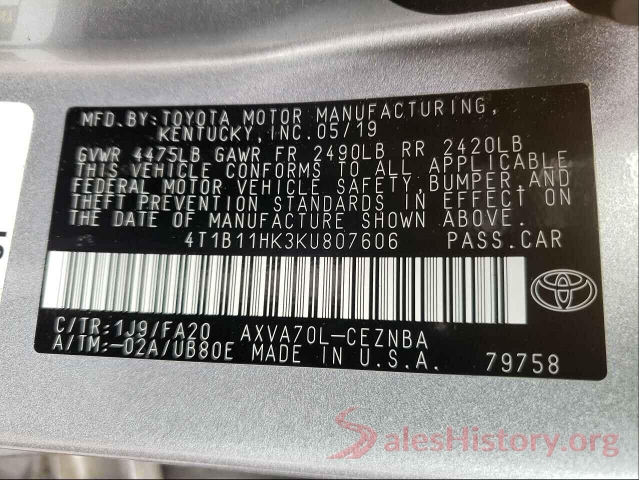 4T1B11HK3KU807606 2019 TOYOTA CAMRY