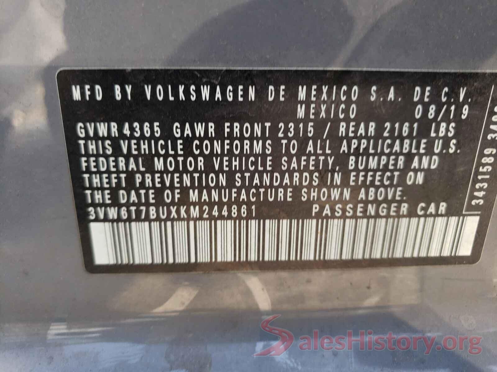 3VW6T7BUXKM244861 2019 VOLKSWAGEN JETTA