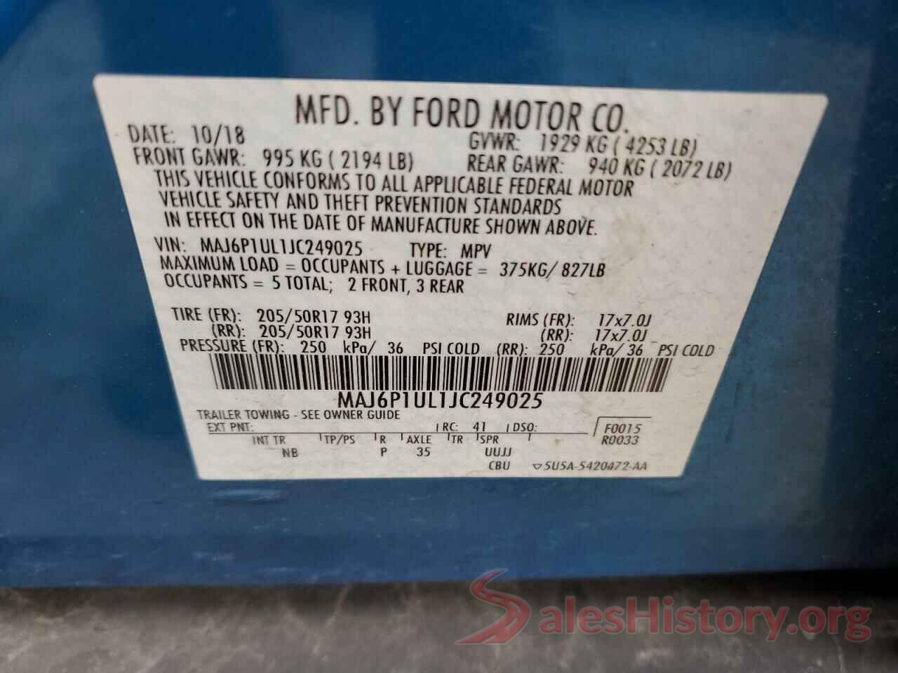 MAJ6P1UL1JC249025 2018 FORD ECOSPORT