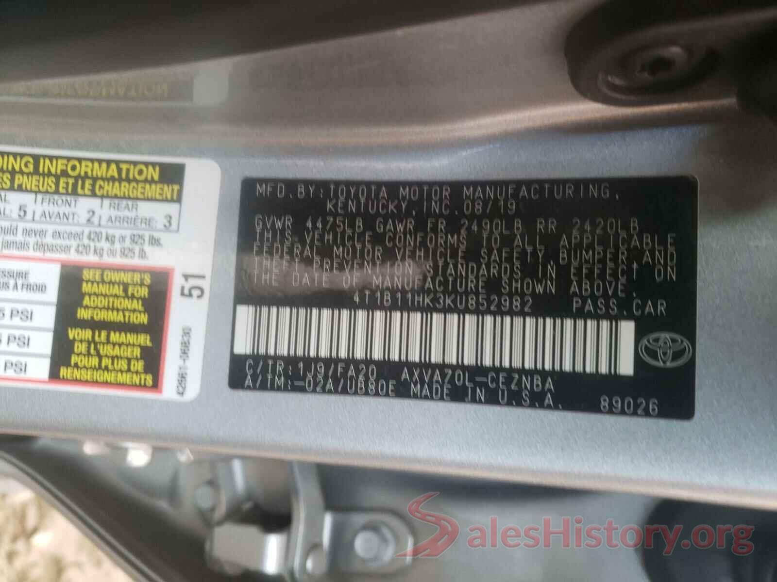 4T1B11HK3KU852982 2019 TOYOTA CAMRY