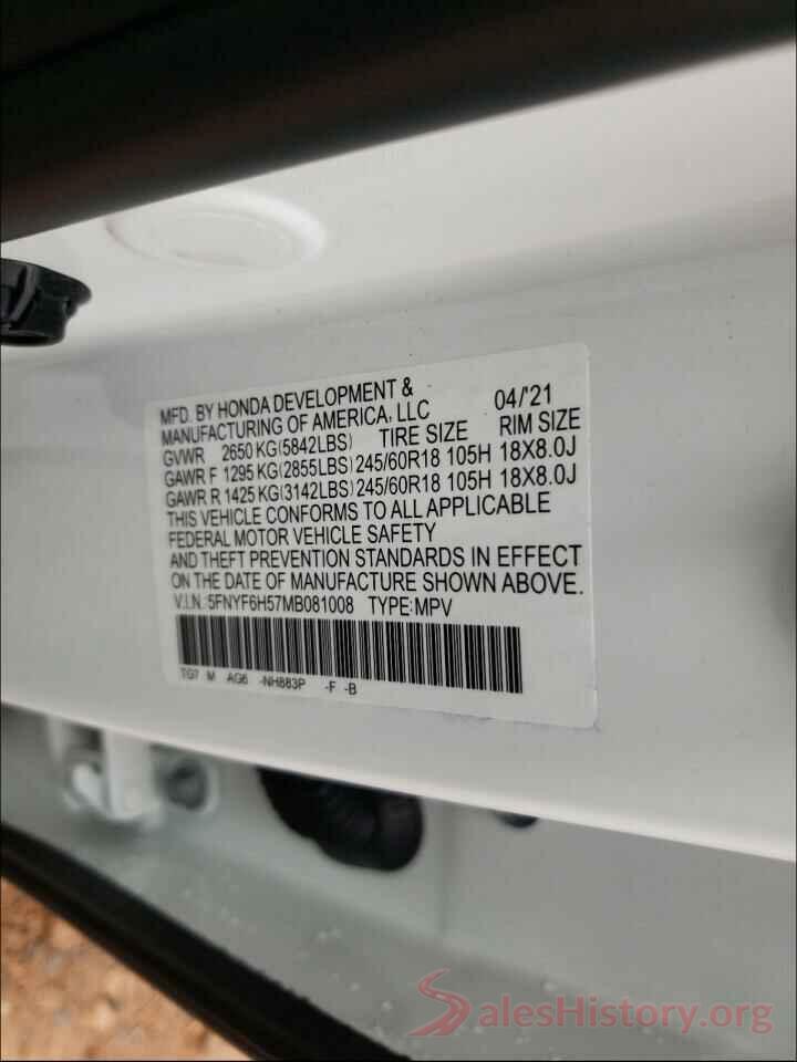 5FNYF6H57MB081008 2021 HONDA PILOT