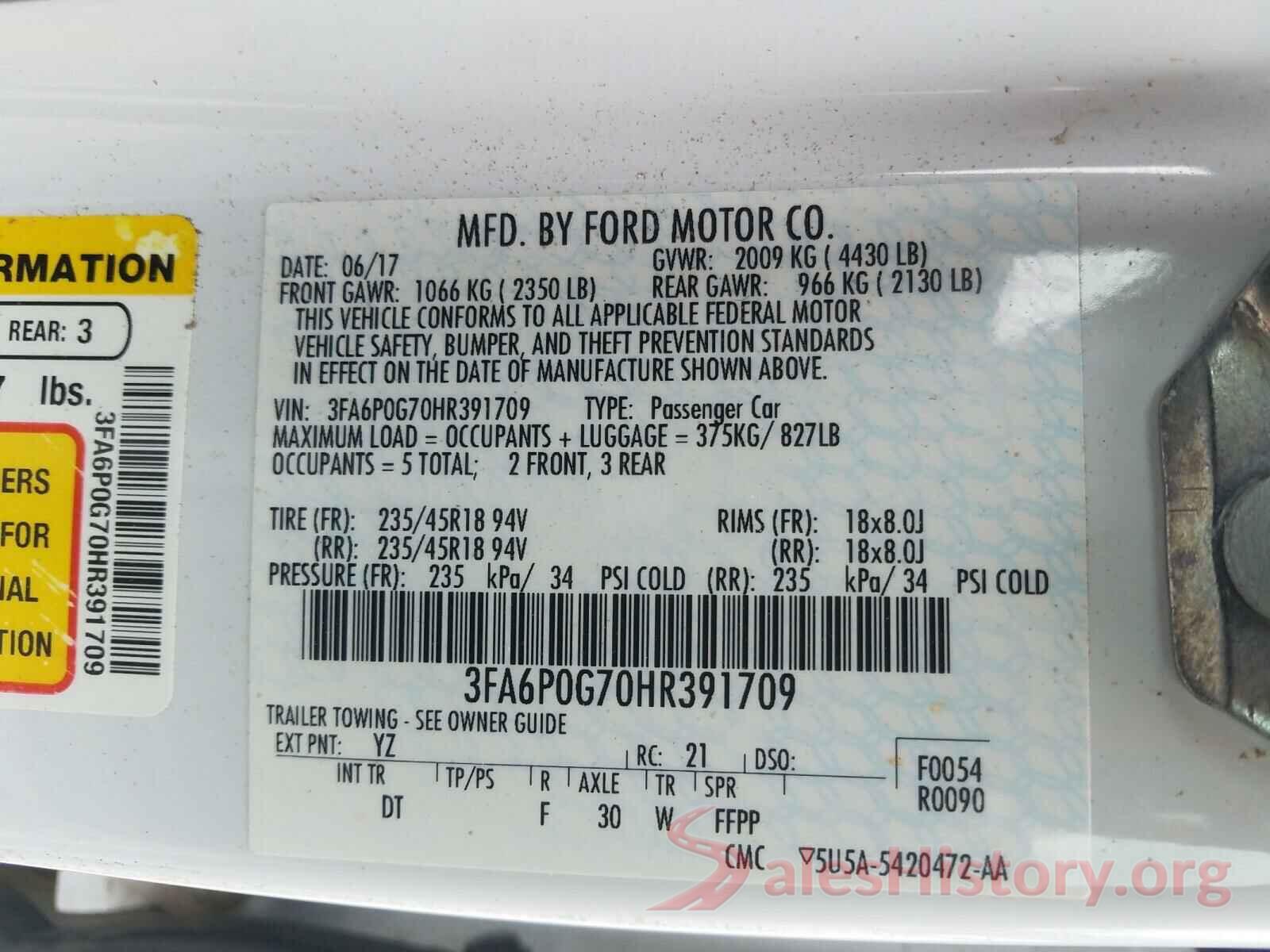 3FA6P0G70HR391709 2017 FORD FUSION