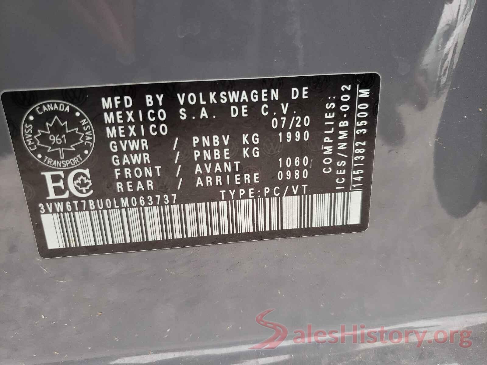 3VW6T7BU0LM063737 2020 VOLKSWAGEN JETTA