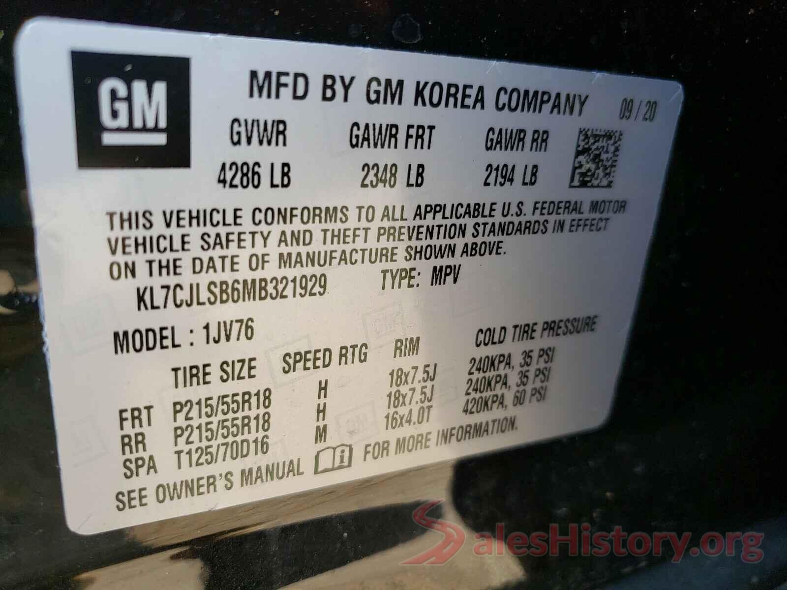 KL7CJLSB6MB321929 2021 CHEVROLET TRAX