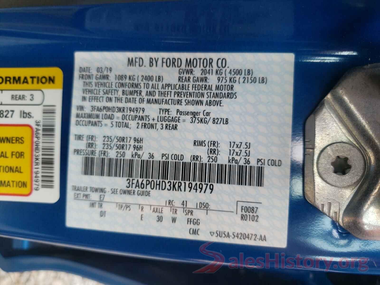 3FA6P0HD3KR194979 2019 FORD FUSION