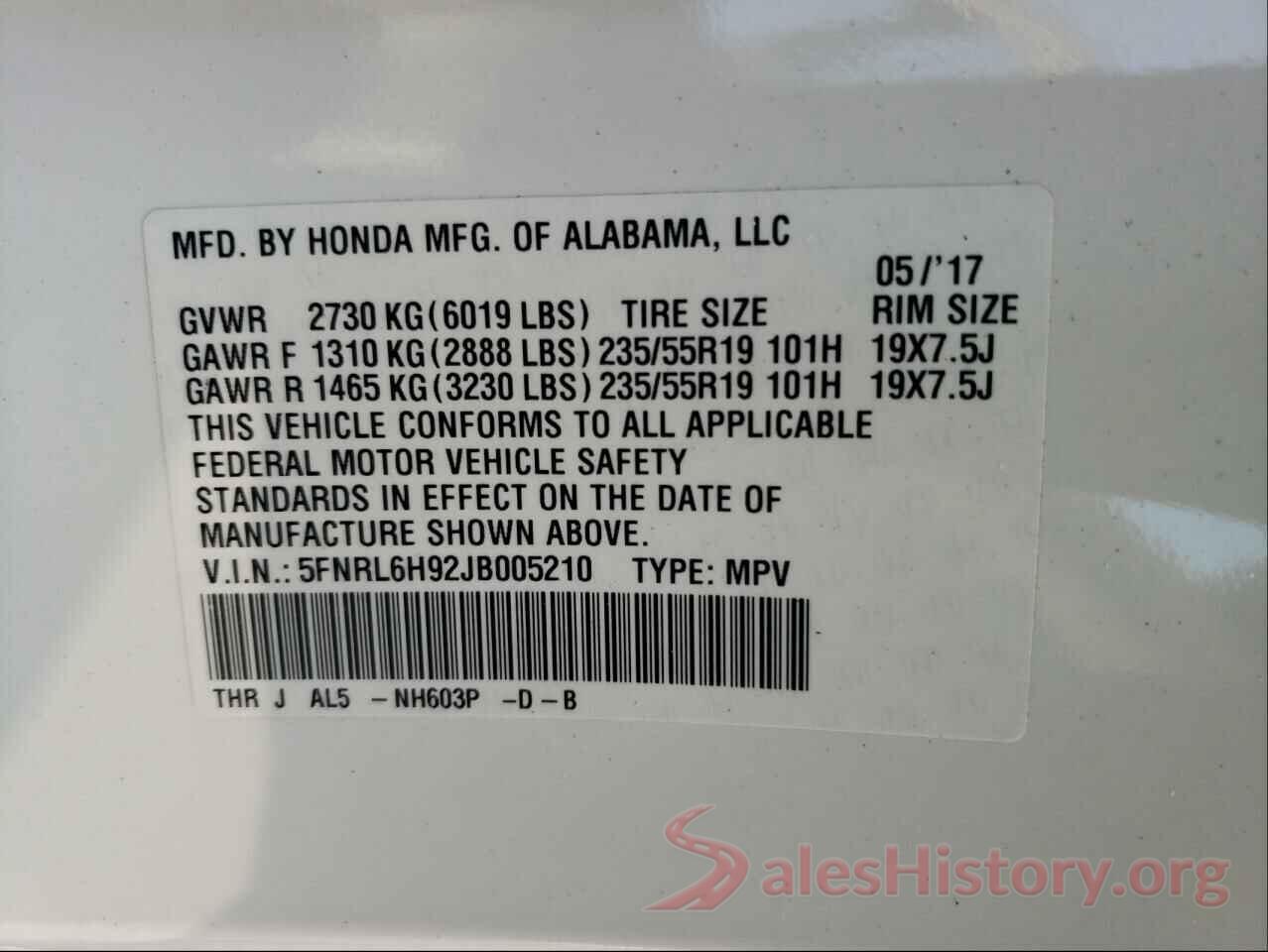 5FNRL6H92JB005210 2018 HONDA ODYSSEY