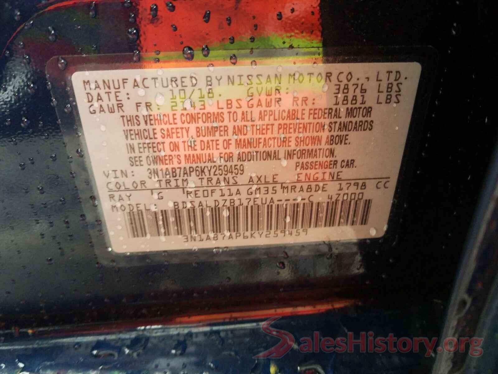 3N1AB7AP6KY259459 2019 NISSAN SENTRA