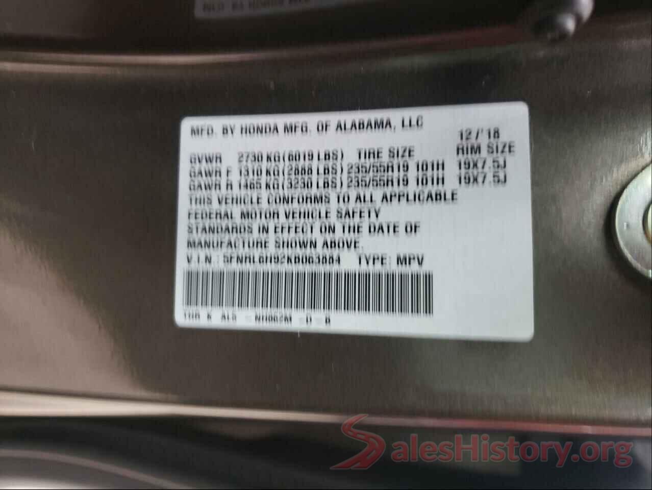 5FNRL6H92KB063884 2019 HONDA ODYSSEY