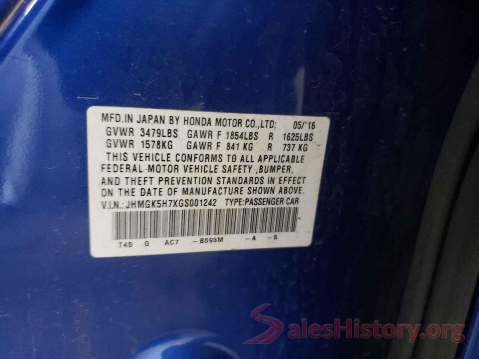 JHMGK5H7XGS001242 2016 HONDA FIT