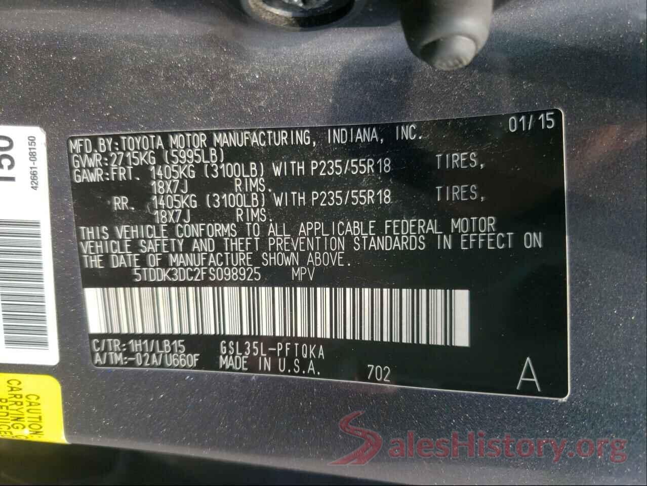 5TDDK3DC2FS098925 2015 TOYOTA SIENNA