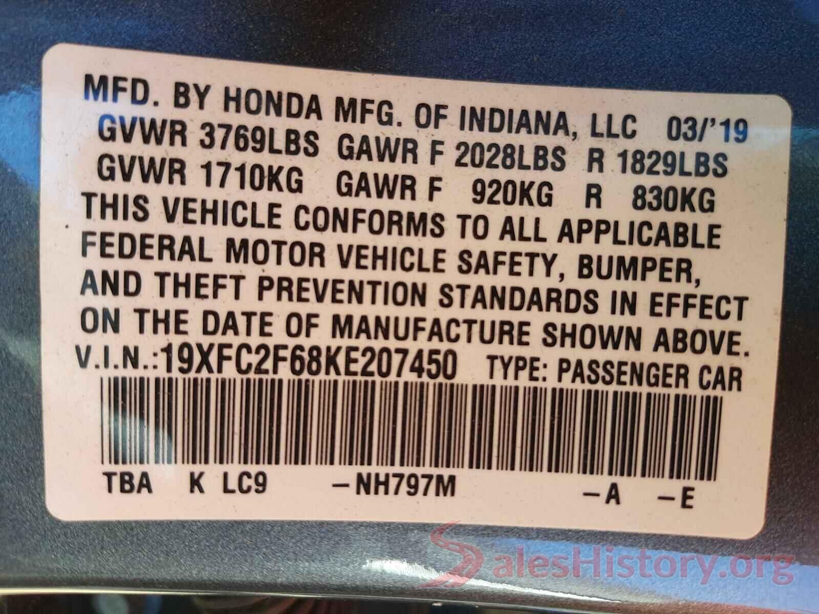 19XFC2F68KE207450 2019 HONDA CIVIC