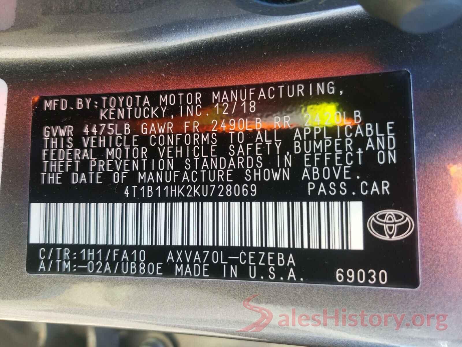 4T1B11HK2KU728069 2019 TOYOTA CAMRY