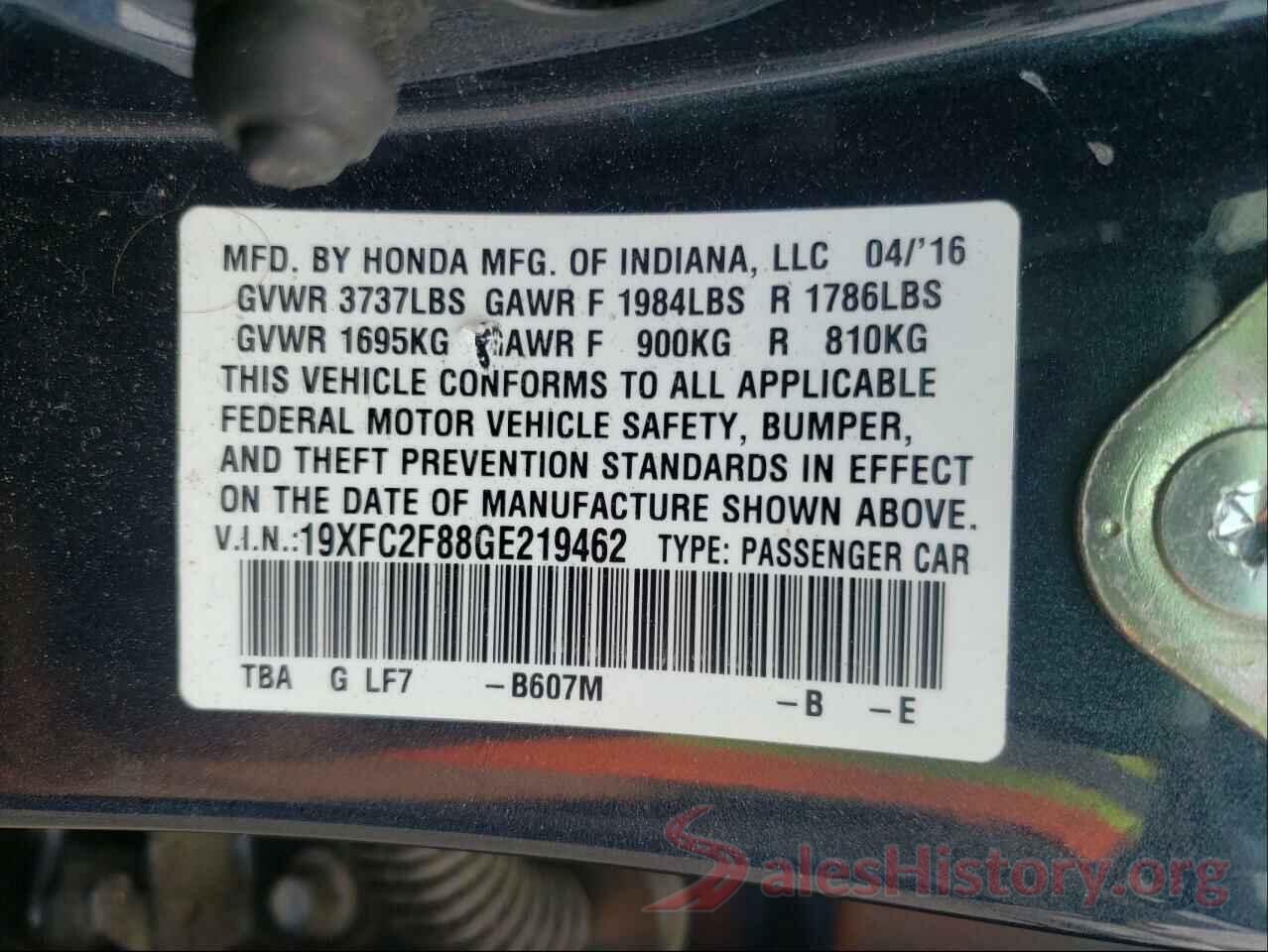 19XFC2F88GE219462 2016 HONDA CIVIC