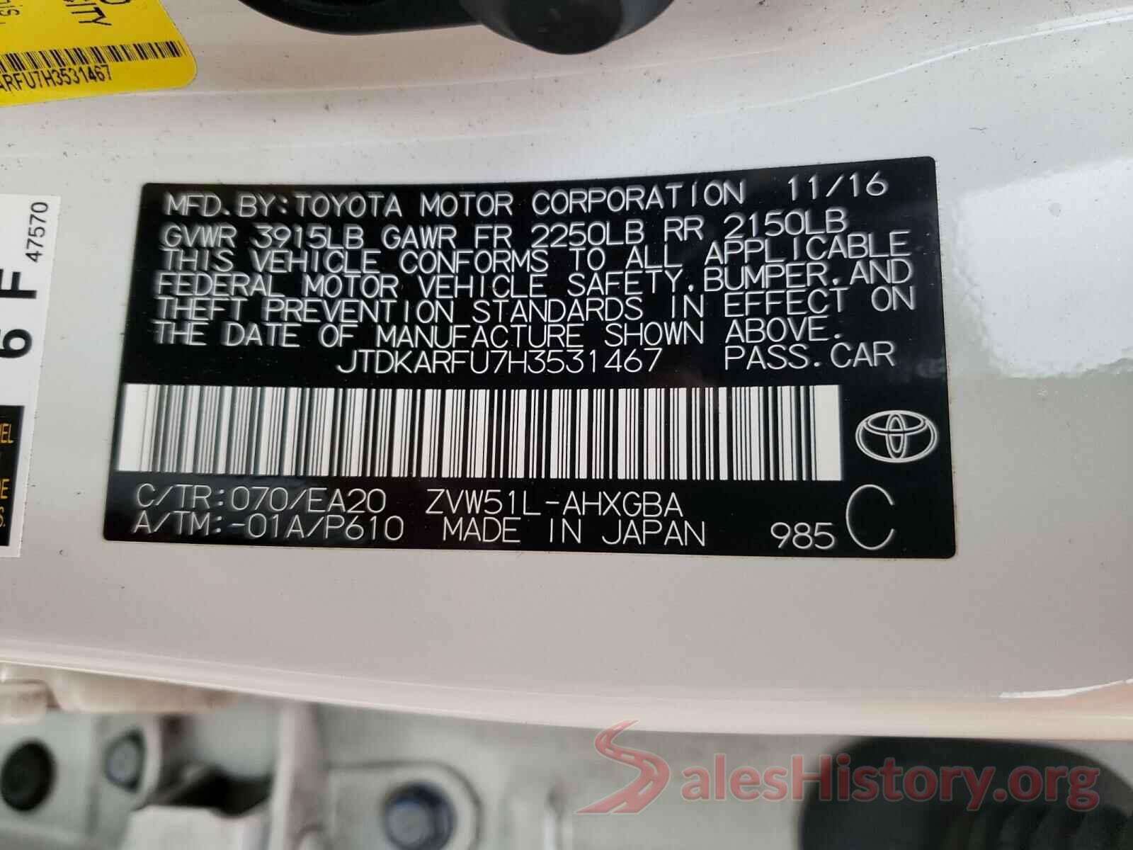 JTDKARFU7H3531467 2017 TOYOTA PRIUS