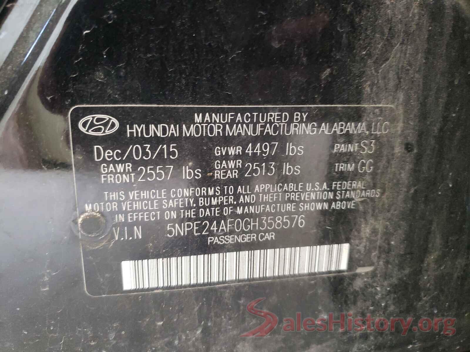 5NPE24AF0GH358576 2016 HYUNDAI SONATA