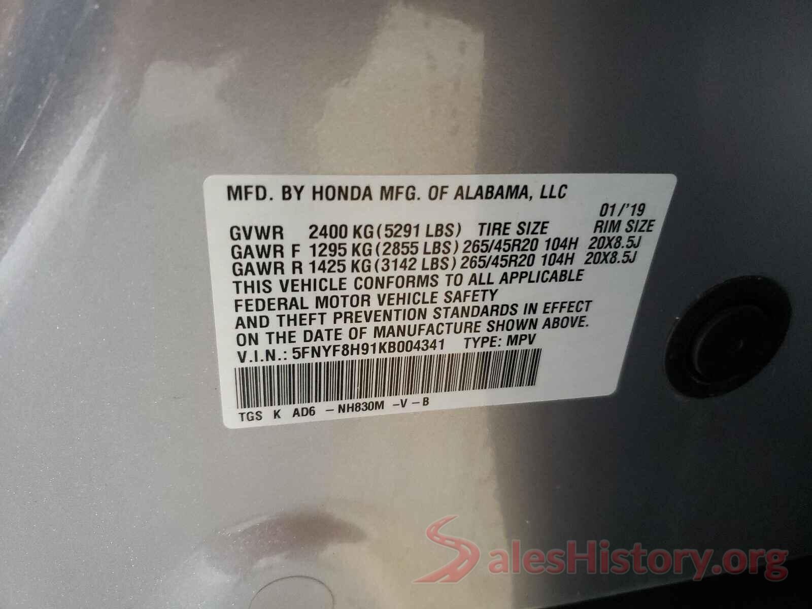 5FNYF8H91KB004341 2019 HONDA PASSPORT