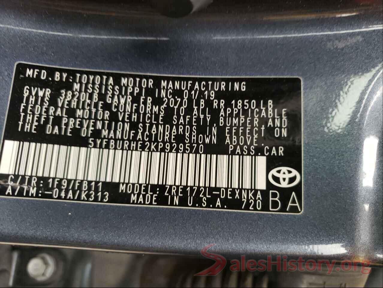 5YFBURHE2KP929570 2019 TOYOTA COROLLA