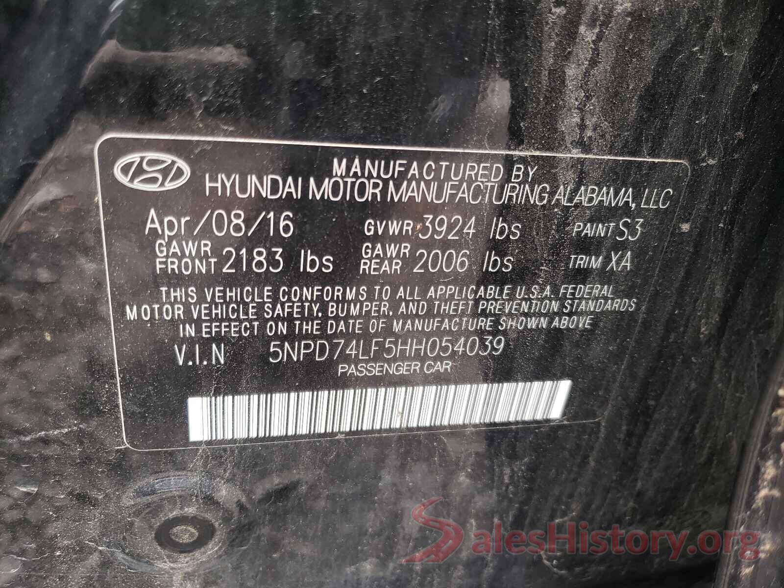 5NPD74LF5HH054039 2017 HYUNDAI ELANTRA