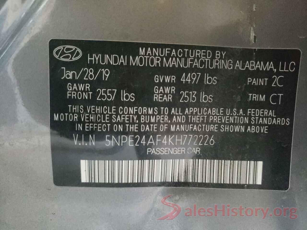 5NPE24AF4KH772226 2019 HYUNDAI SONATA