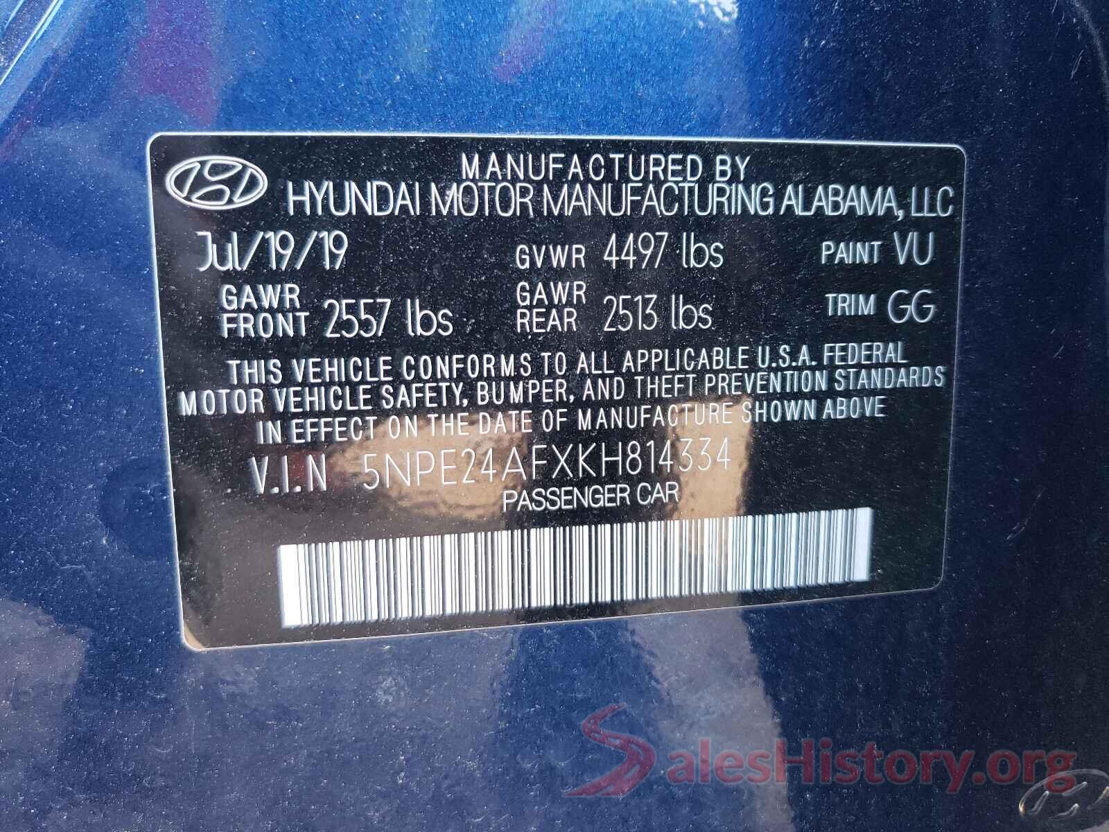 5NPE24AFXKH814334 2019 HYUNDAI SONATA