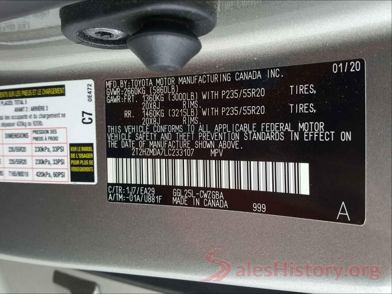 2T2HZMDA7LC233107 2020 LEXUS RX350