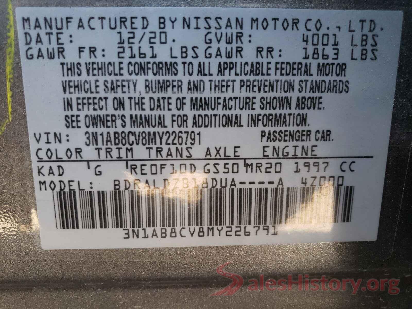 3N1AB8CV8MY226791 2021 NISSAN SENTRA