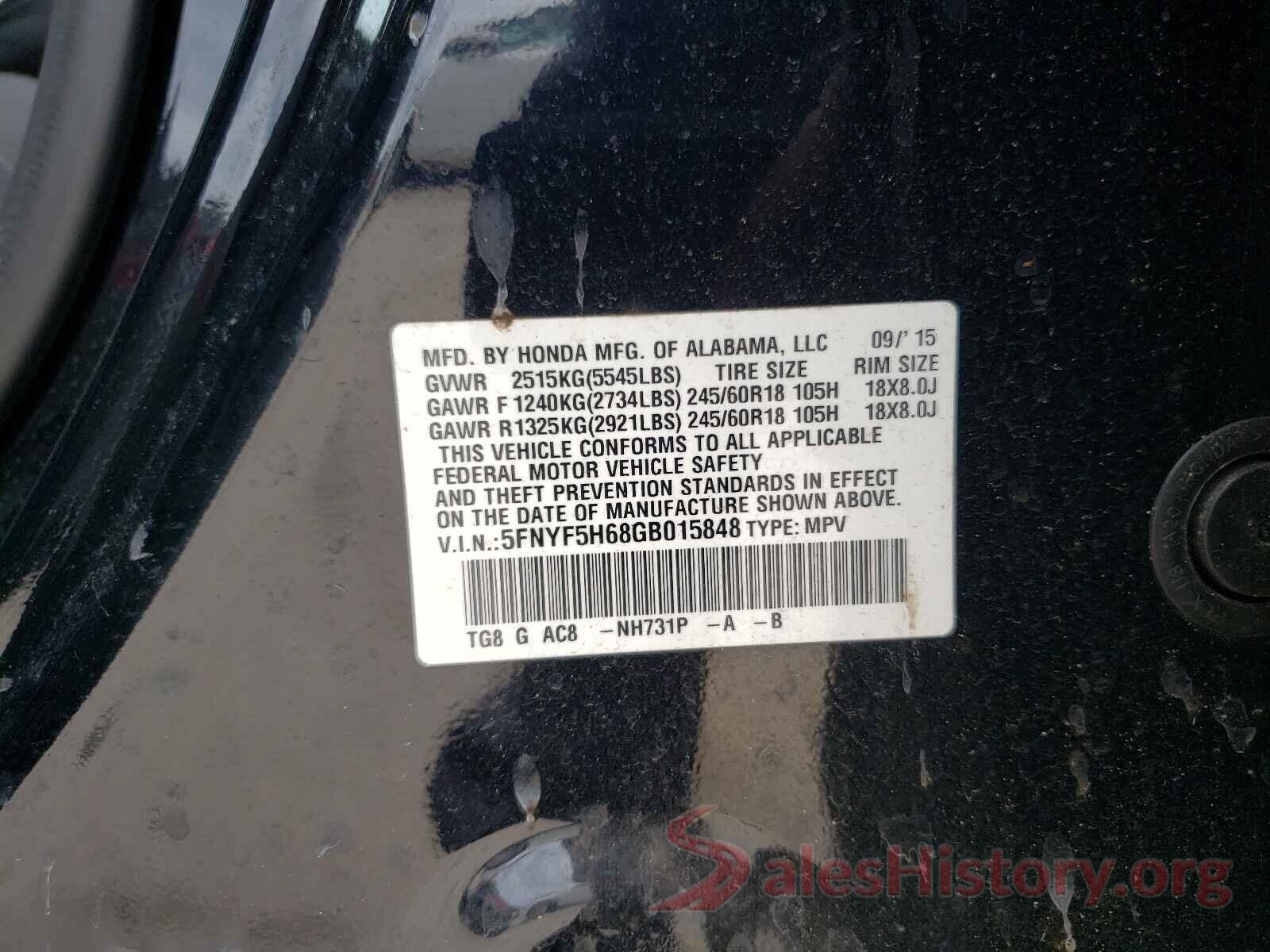 5FNYF5H68GB015848 2016 HONDA PILOT