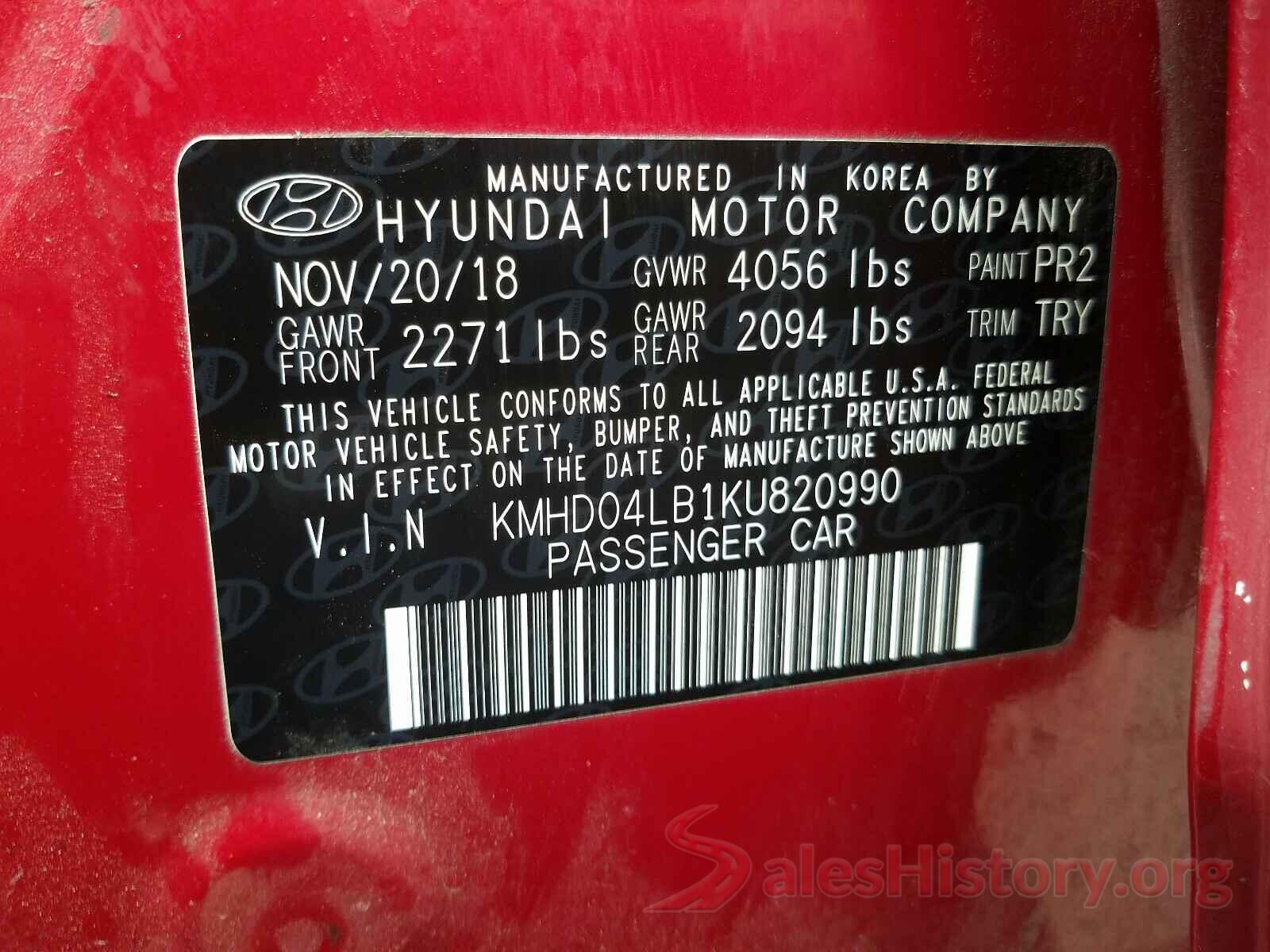 KMHD04LB1KU820990 2019 HYUNDAI ELANTRA