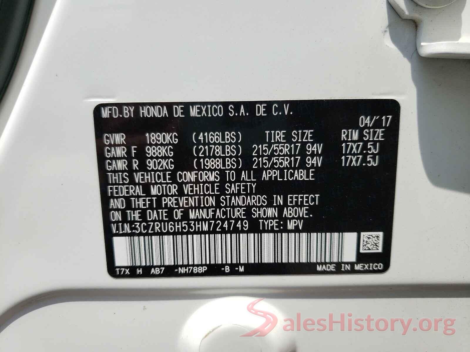 3CZRU6H53HM724749 2017 HONDA HR-V