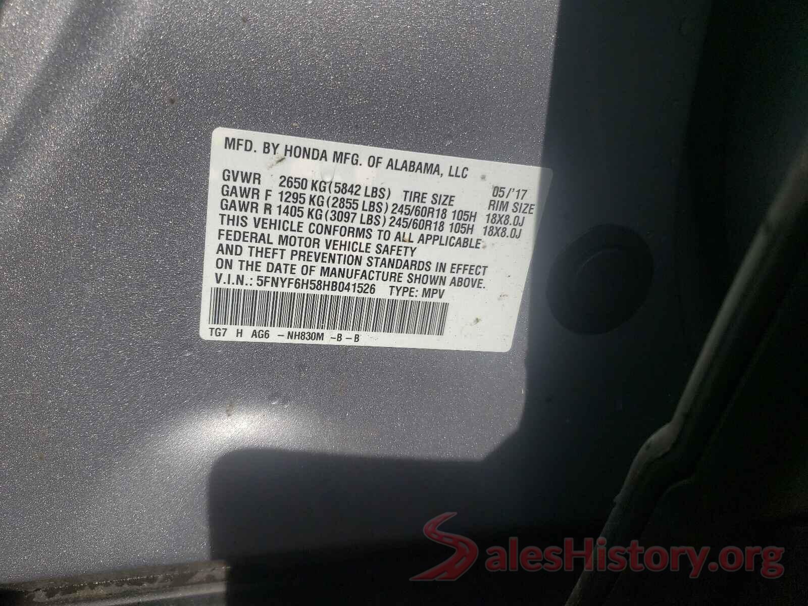 5FNYF6H58HB041526 2017 HONDA PILOT