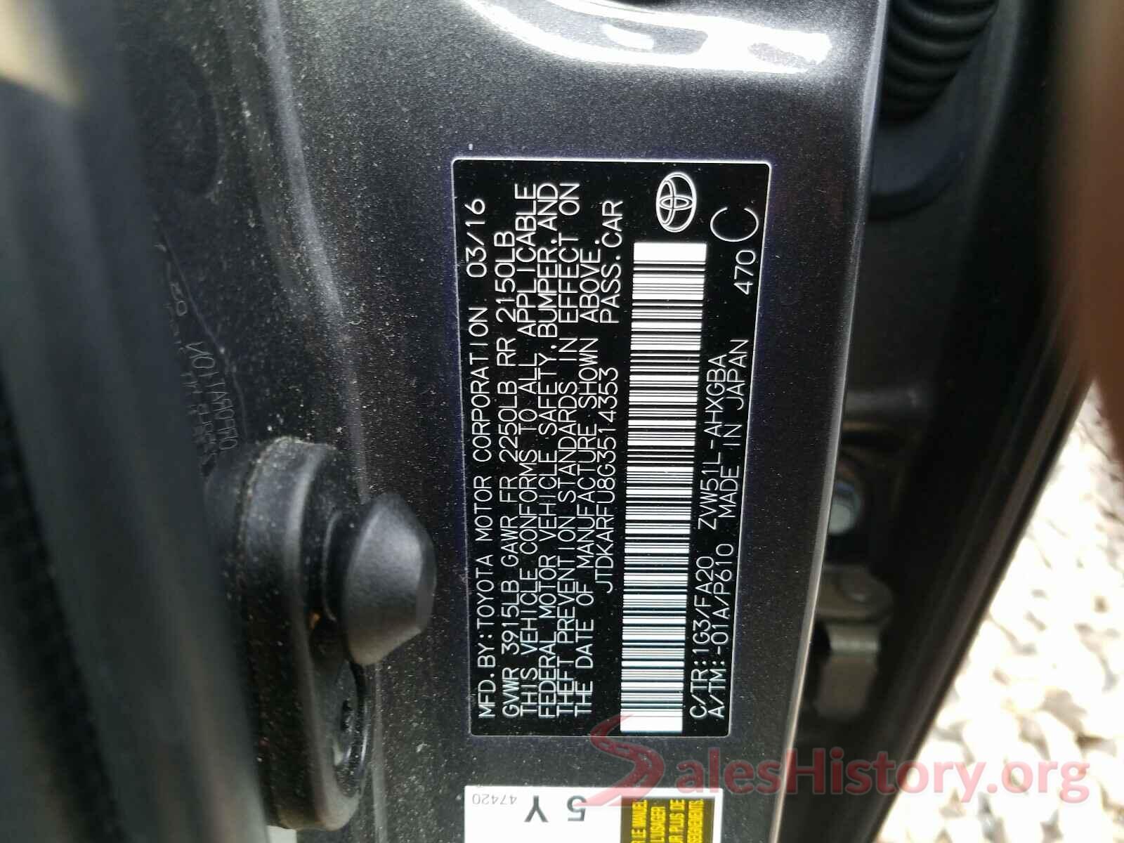 JTDKARFU8G3514353 2016 TOYOTA PRIUS