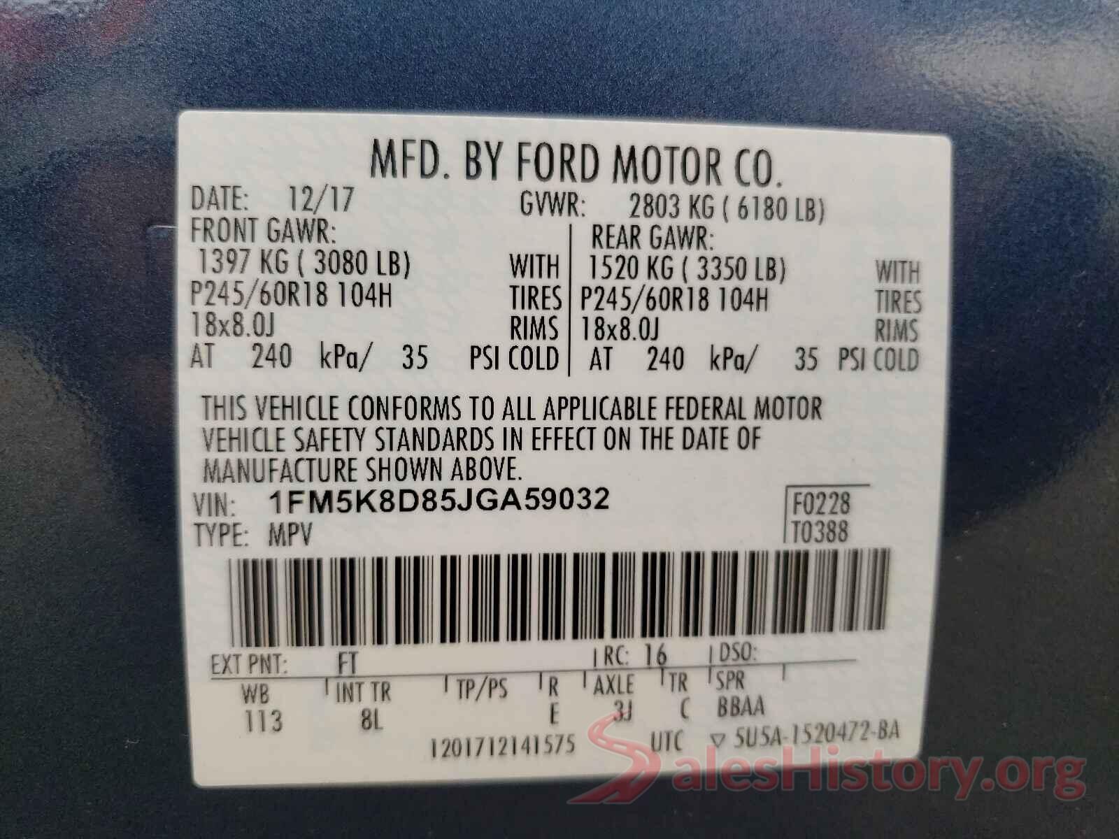 1FM5K8D85JGA59032 2018 FORD EXPLORER