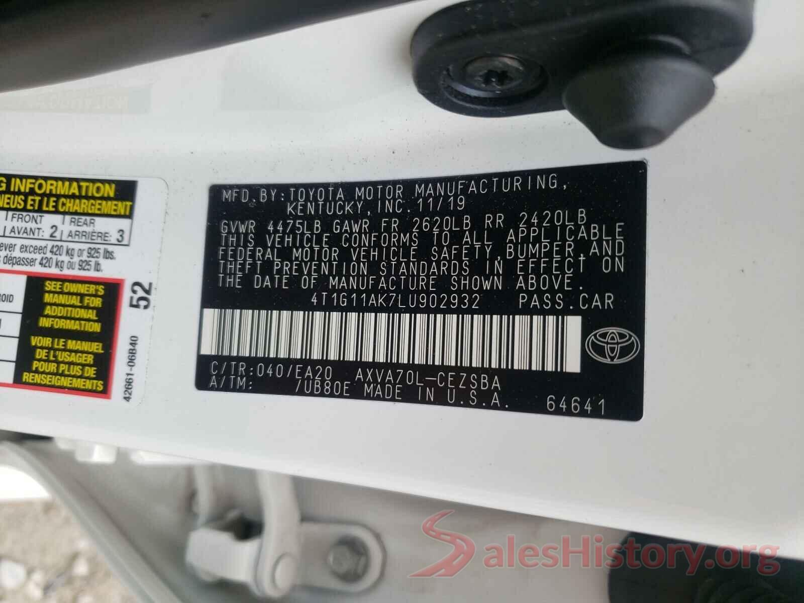 4T1G11AK7LU902932 2020 TOYOTA CAMRY