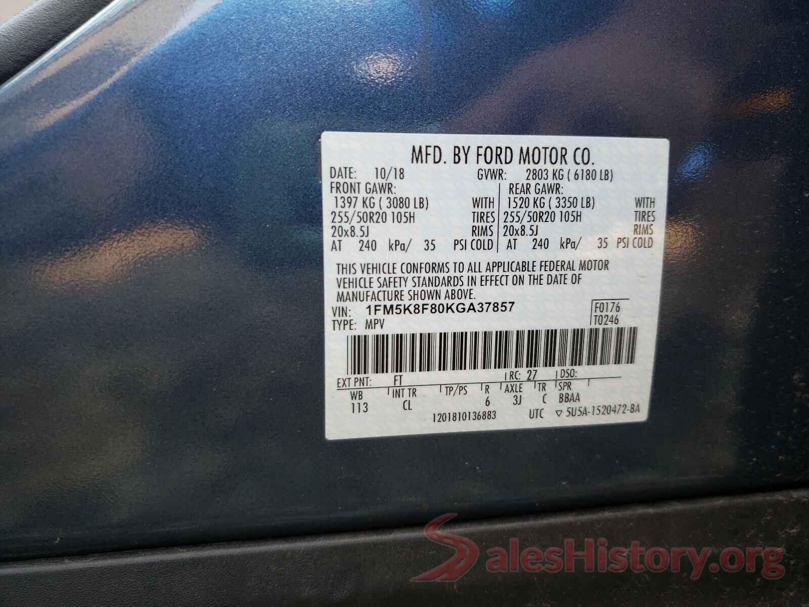 1FM5K8F80KGA37857 2019 FORD EXPLORER