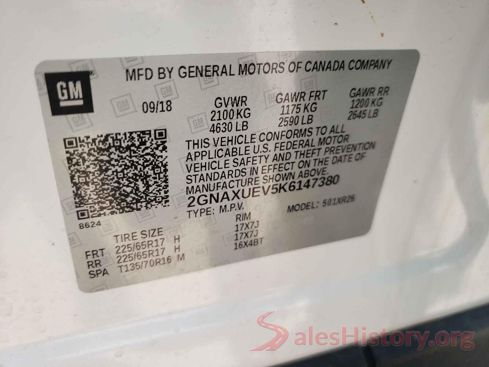 2GNAXUEV5K6147380 2019 CHEVROLET EQUINOX