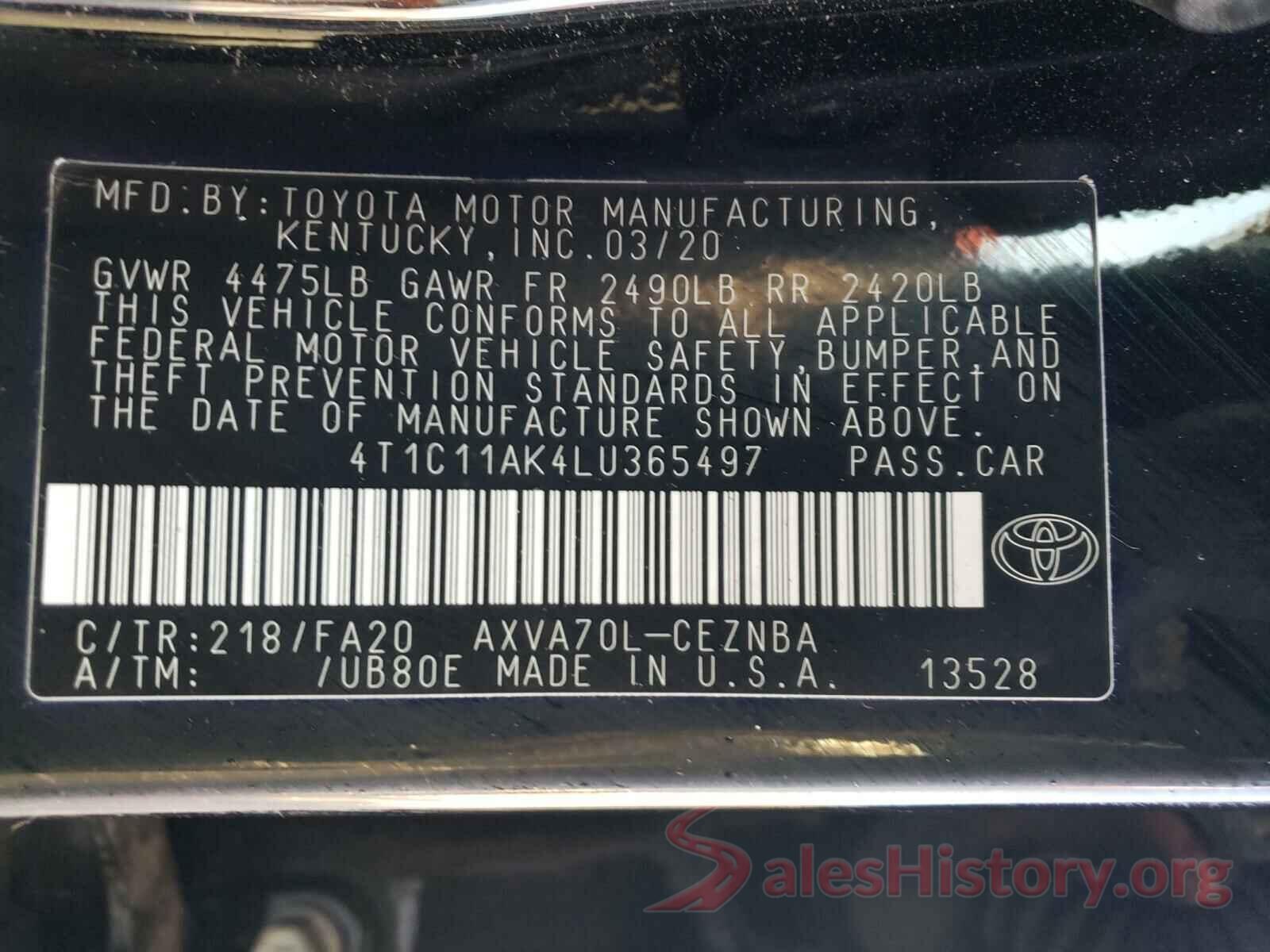 4T1C11AK4LU365497 2020 TOYOTA CAMRY