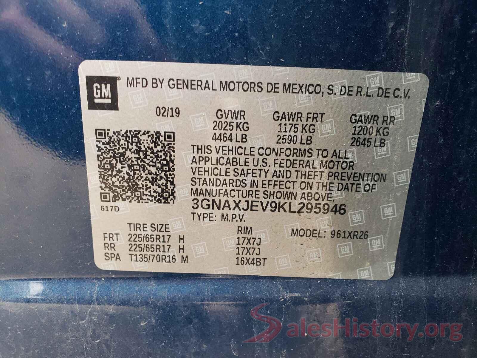 3GNAXJEV9KL295946 2019 CHEVROLET EQUINOX