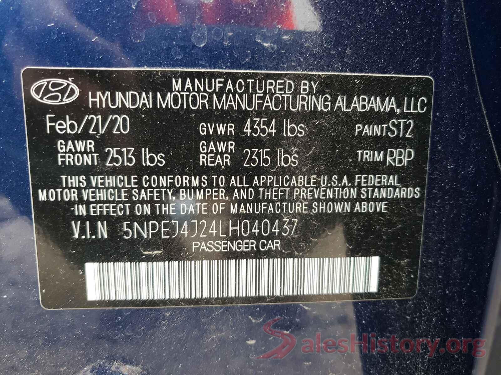 5NPEJ4J24LH040437 2020 HYUNDAI SONATA