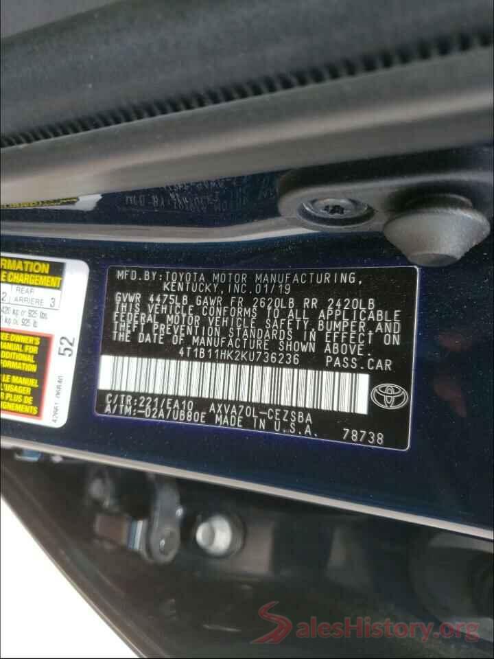 4T1B11HK2KU736236 2019 TOYOTA CAMRY