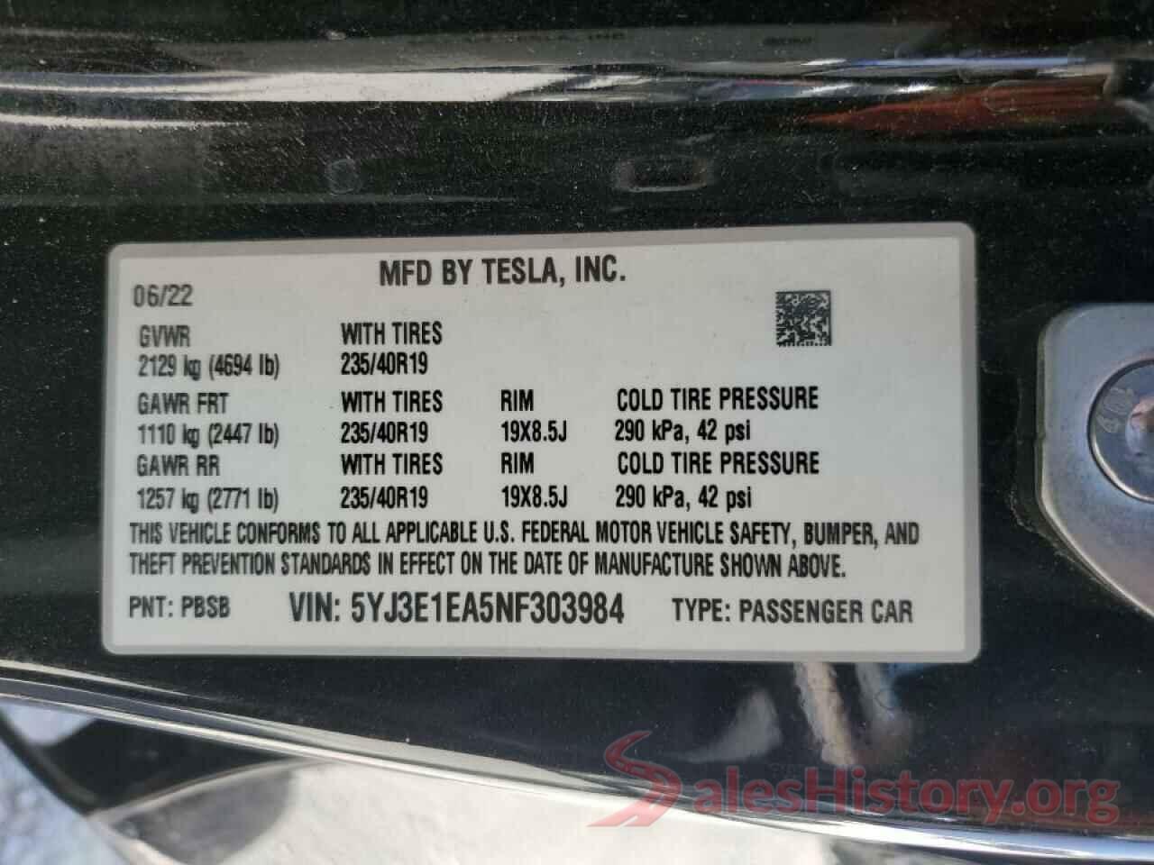 5YJ3E1EA5NF303984 2022 TESLA MODEL 3