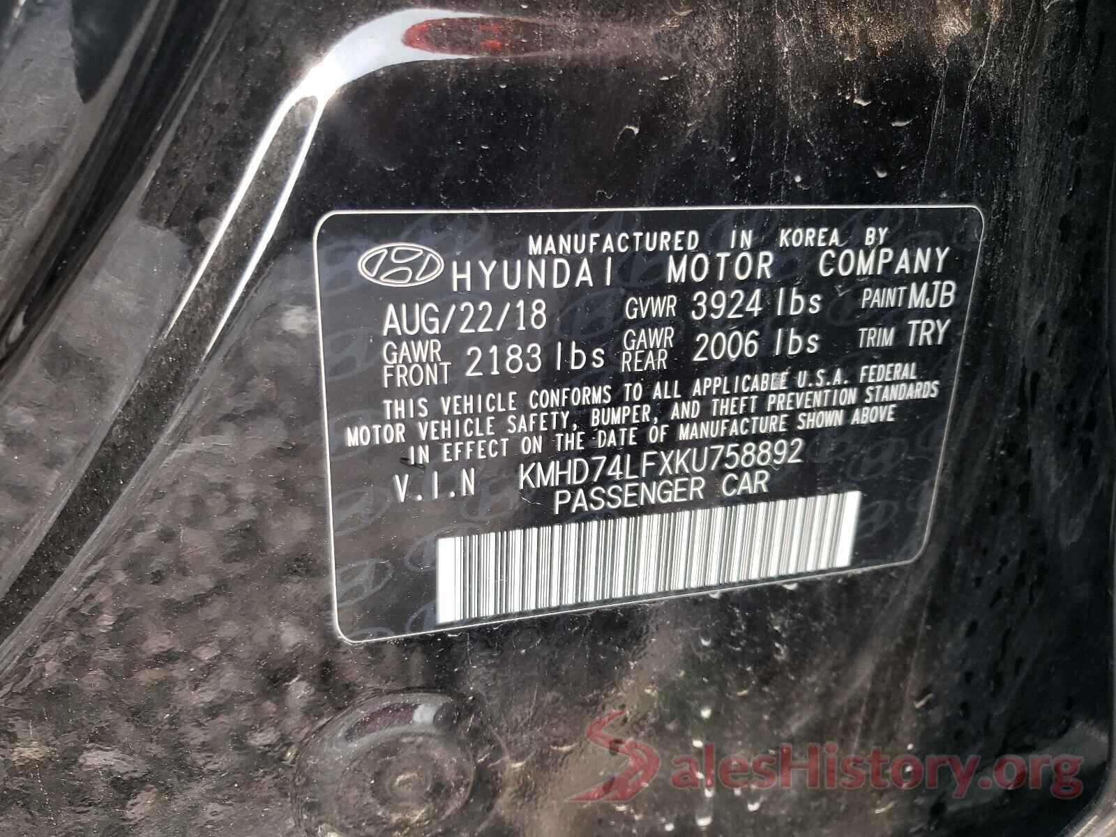 KMHD74LFXKU758892 2019 HYUNDAI ELANTRA