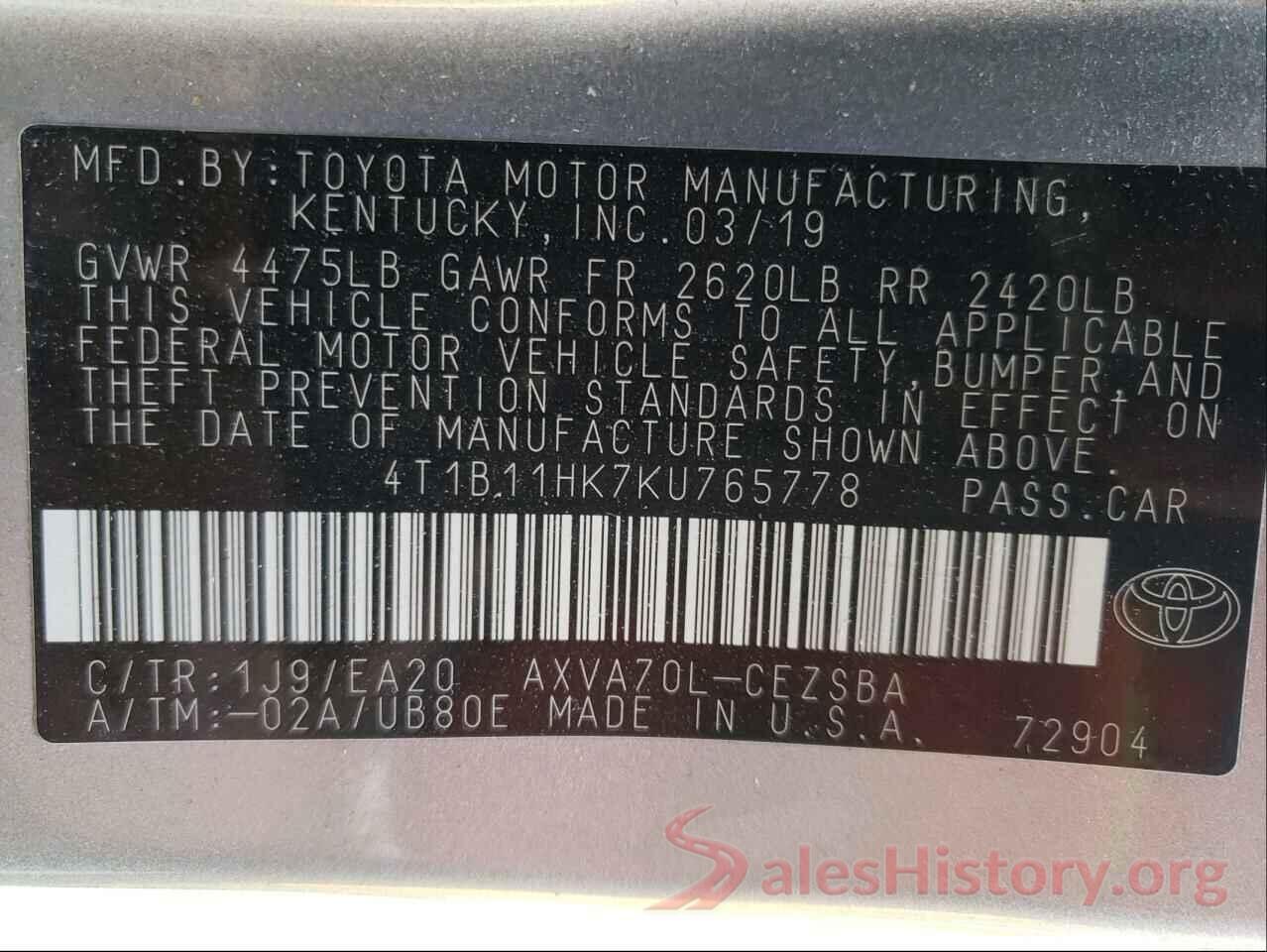 4T1B11HK7KU765778 2019 TOYOTA CAMRY