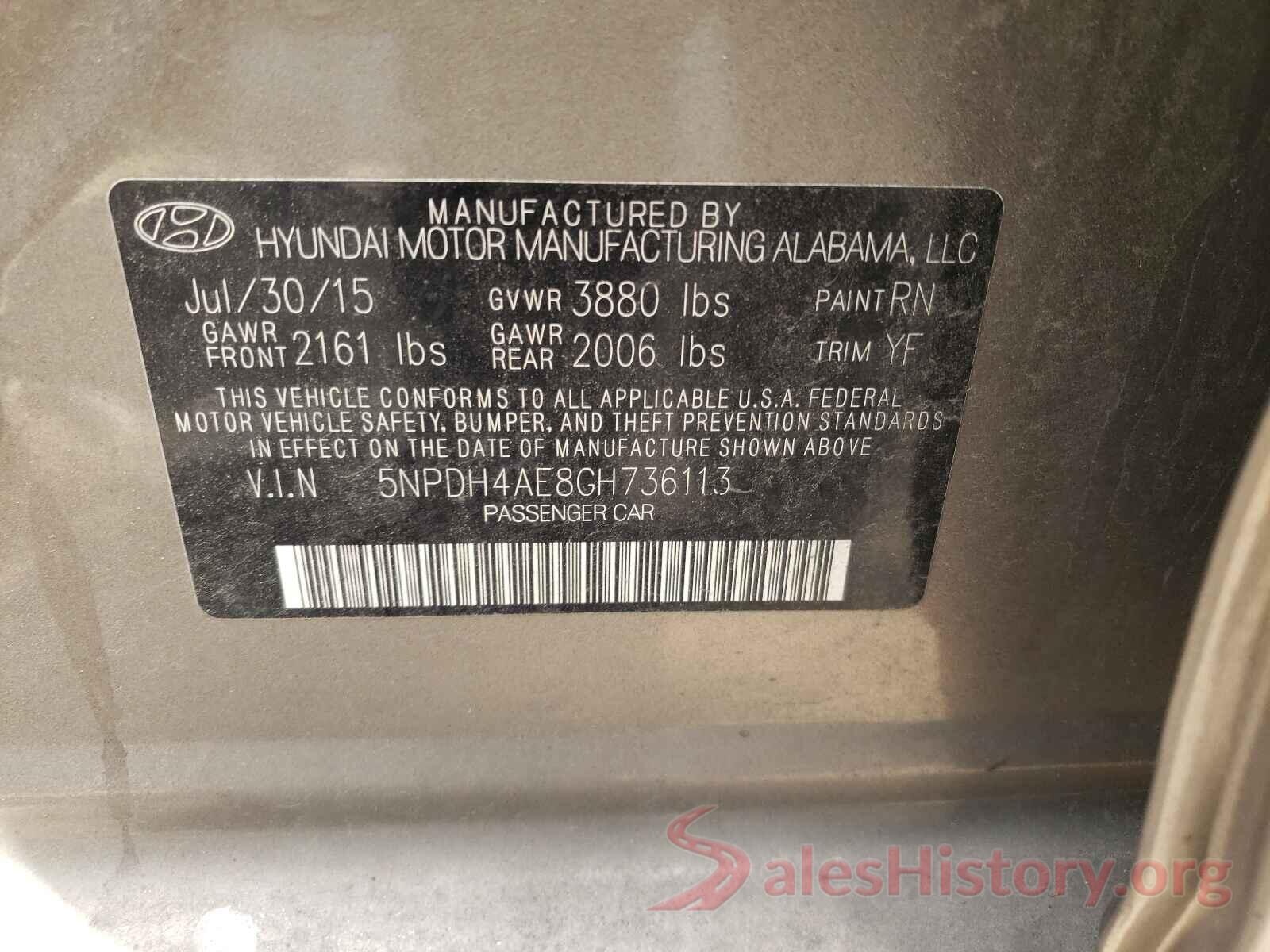 5NPDH4AE8GH736113 2016 HYUNDAI ELANTRA