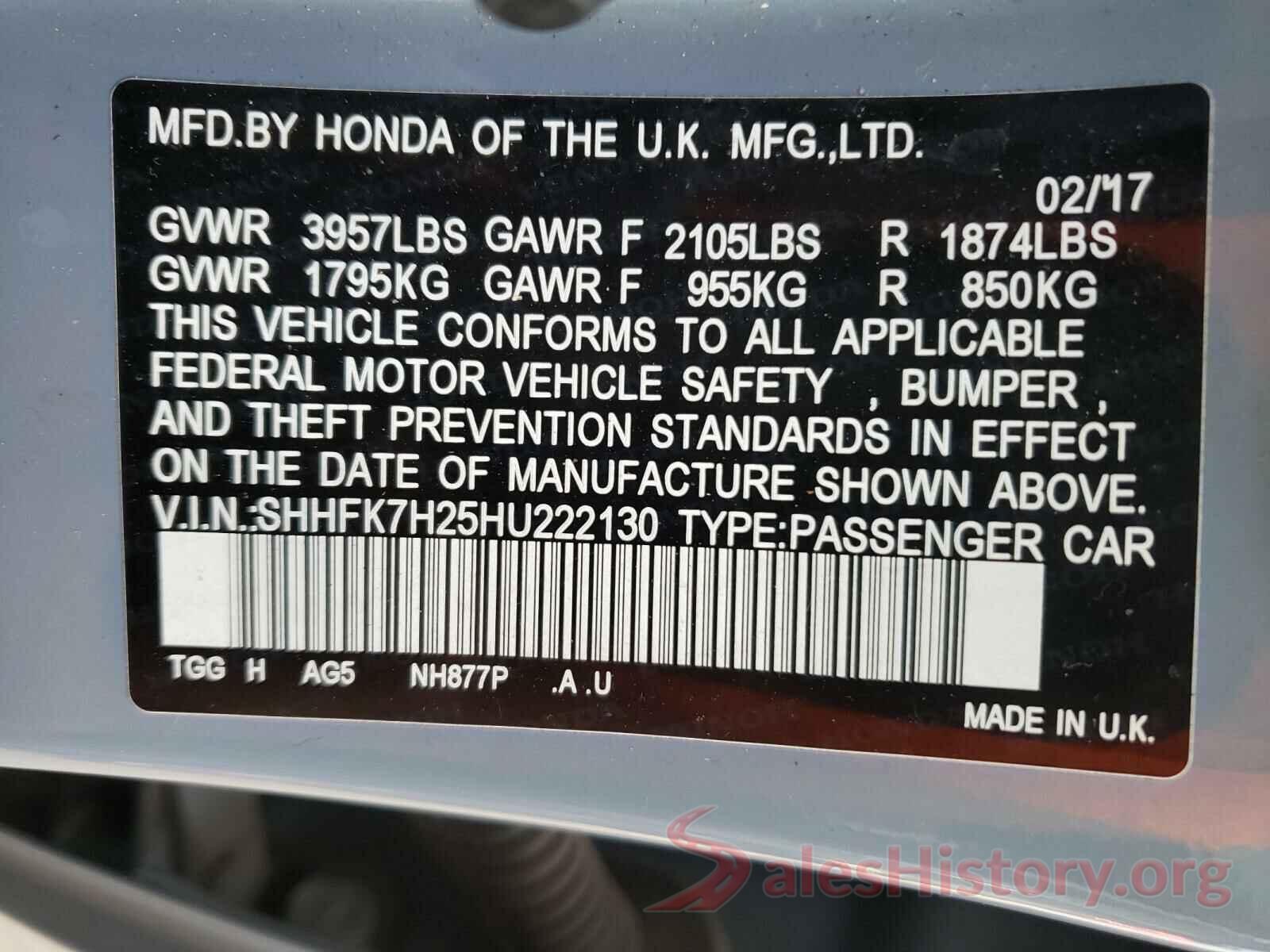 SHHFK7H25HU222130 2017 HONDA CIVIC