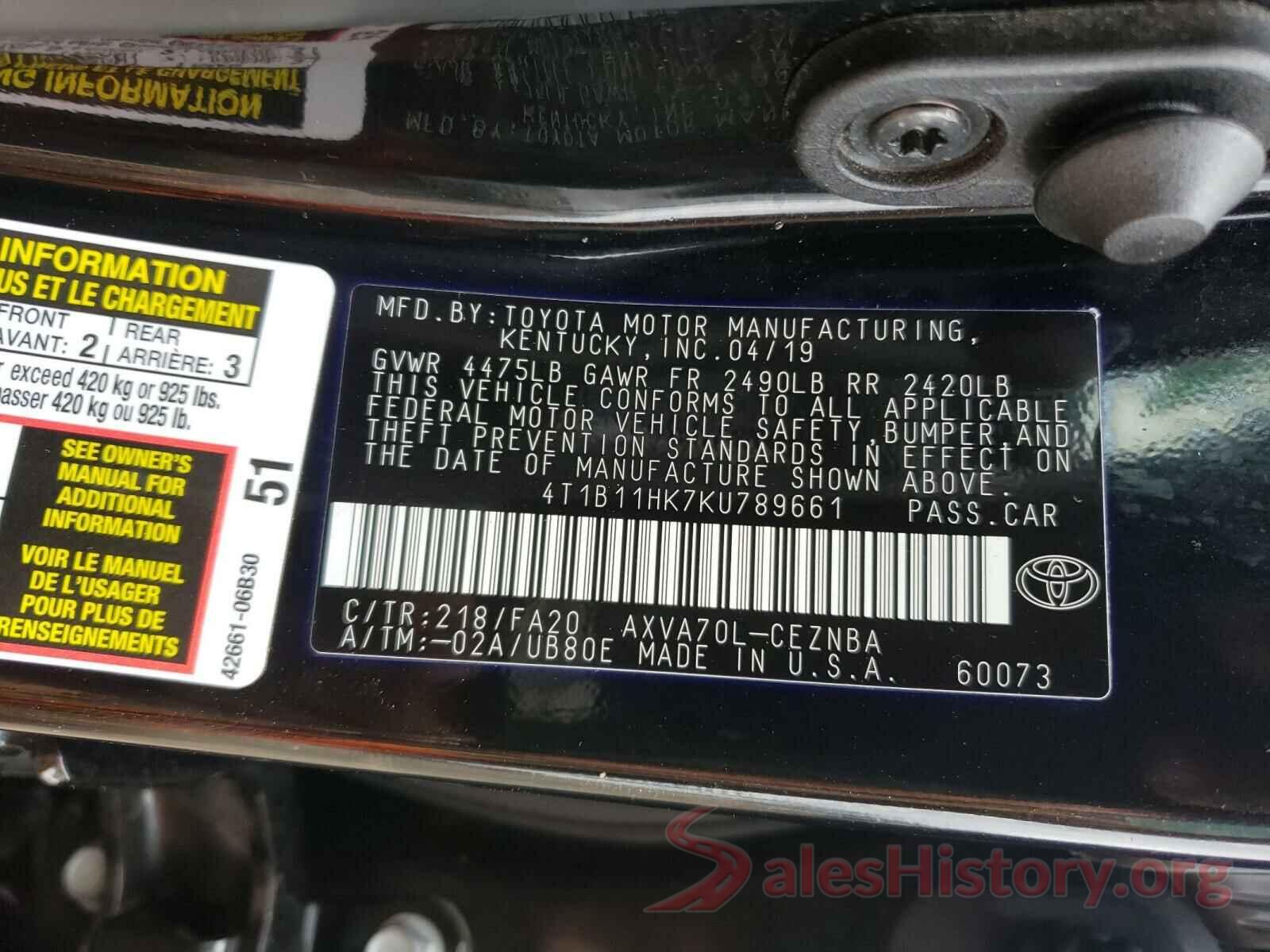 4T1B11HK7KU789661 2019 TOYOTA CAMRY